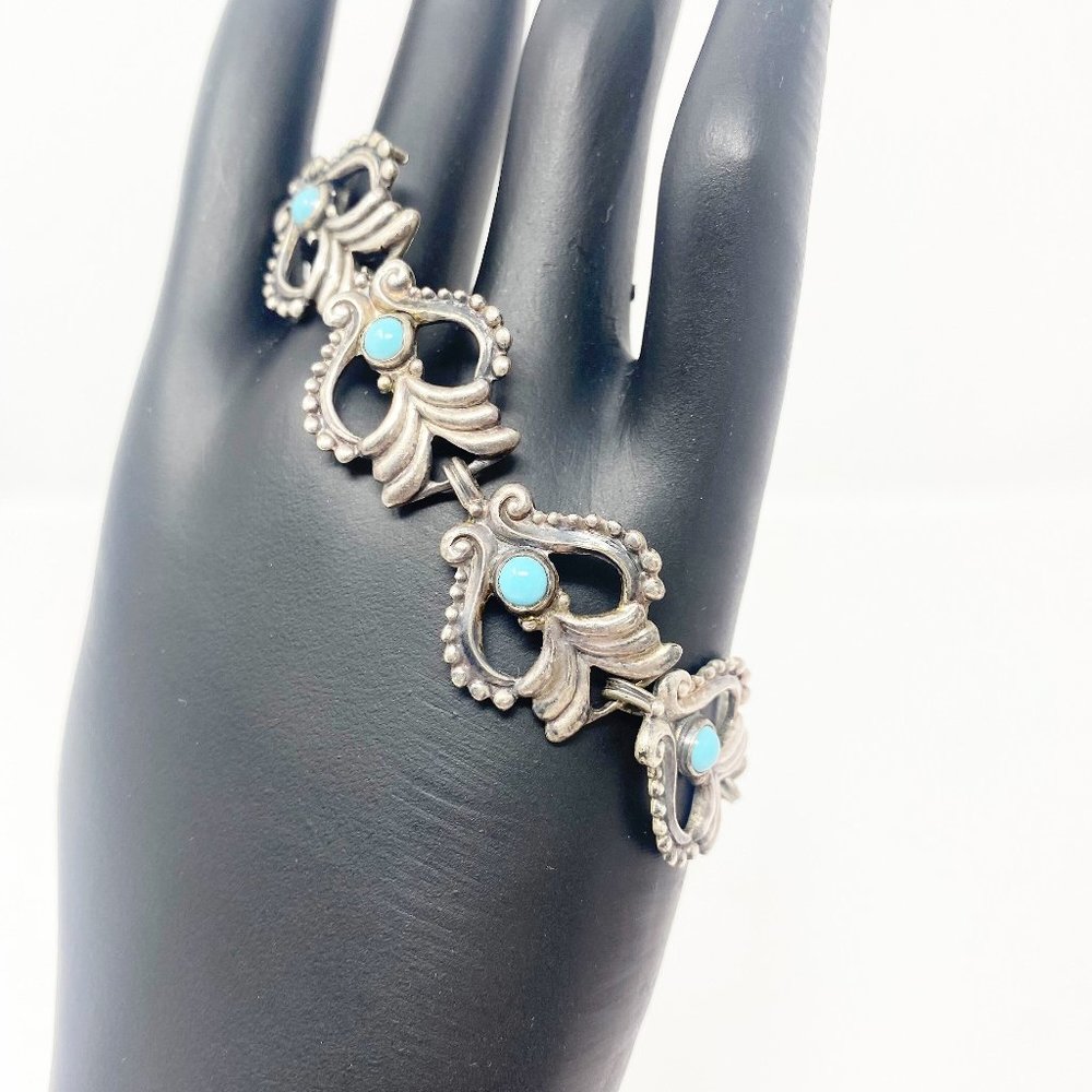 544 Vintage Margot de Taxco 5312 sterling silver turquoise cabochon bracelet